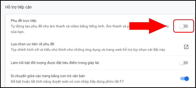 K&eacute;o thanh trượt sang tr&aacute;i để tắt phụ đề trực tiếp